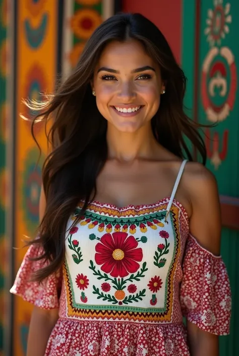 realistic photo, latina, women, brown hair, dark brown eyes, realistic, makeup and no filter and it should look like a real person, full body picture, perfect face card, behind her mexico, traditional mexican dress, full bidy picture, smiling