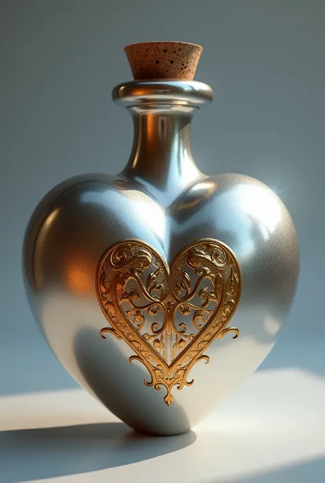 A 2D, two-dimensional, heart-shaped, shiny silver-toned magic potion bottle with a cork top and gold label