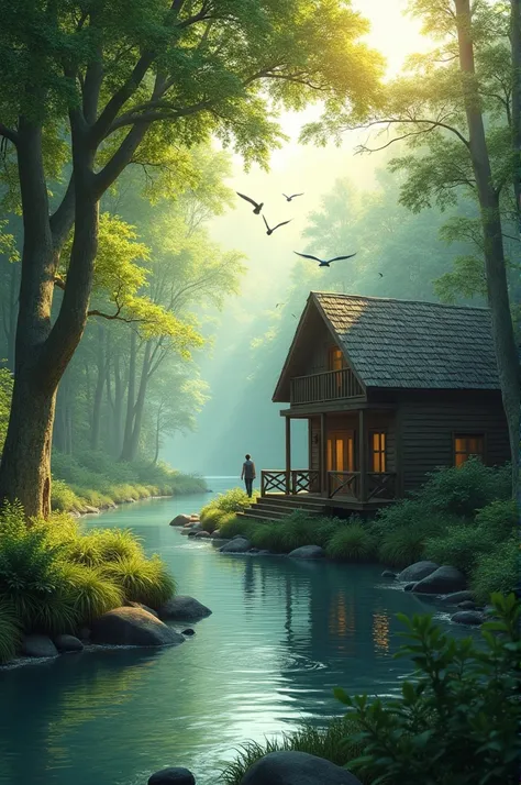 A house in the river of woods and Ane guy stay out in the door and  birds flying in the sky or the river is in the forest 
