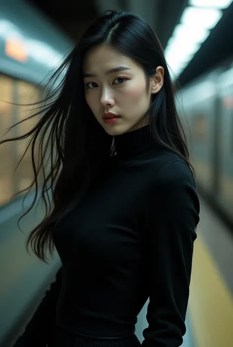 Bergaya photography,Beautiful Korean woman,rambut hitam panjang,tubuh ideal,solid chest,wearing an elegant black wool sweater with a high collar,wearing black gloves,rambut terurai terbawa angin,with the background of the speed of the train in the crowd at...