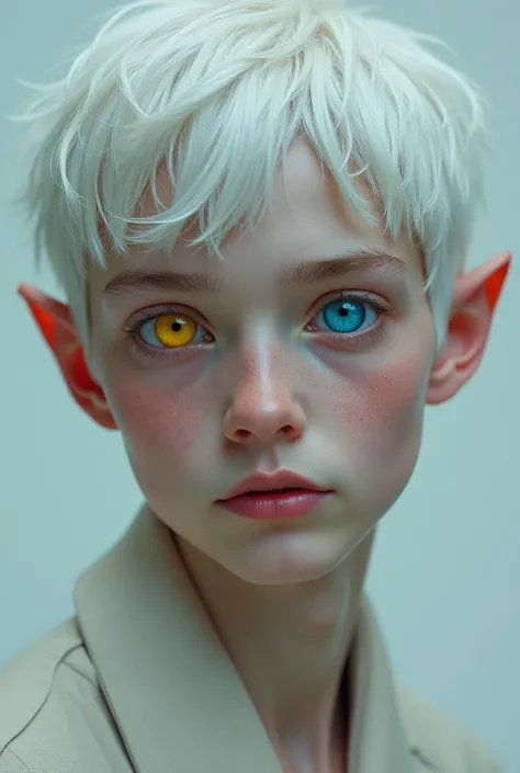 A young elven man with short white hair, with the right eye yellow and the left eye blue