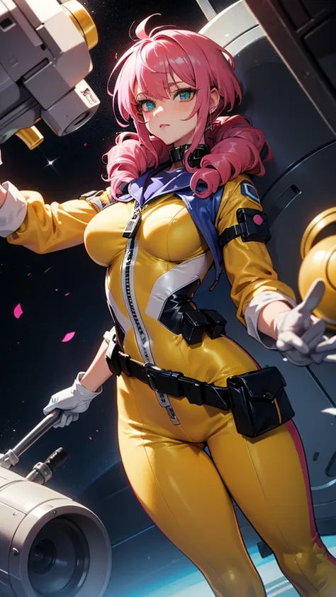 masterpiece of the highest quality, one girl, short hair, drill hair, pink platinum hair, yellow space suit, white collar, grey ...