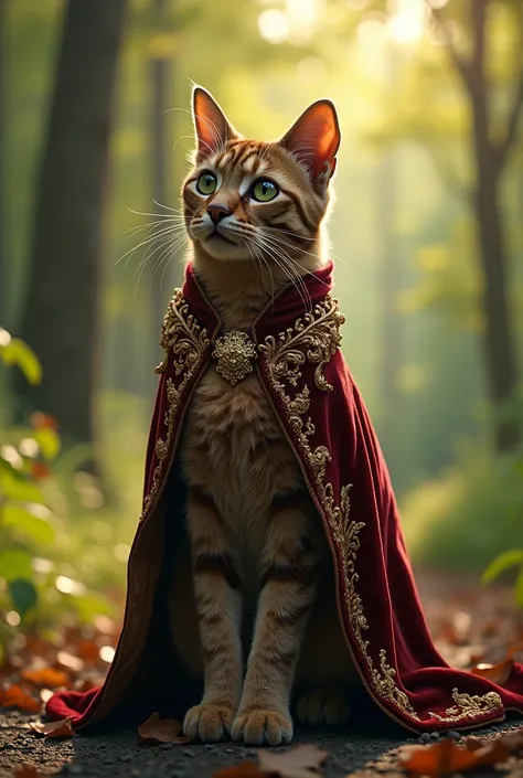 A cat wearing a luxurious velvet coat with intricate gold embroidery, standing on a forest path at dawn, soft morning light filtering through the trees, ultra-detailed fur texture, DSLR quality, with a whimsical and enchanting atmosphere