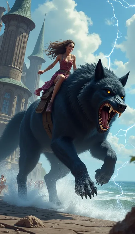   theme: Summer pier, Big black wolf fantasy monster (static shock:1.2), electrical energy, attack on gothic house during the day, yelling, action pose, big wolf tail, dynamic angle, to jump, show thick thigh, put 1 fist on the ground, nervous,a strong wom...