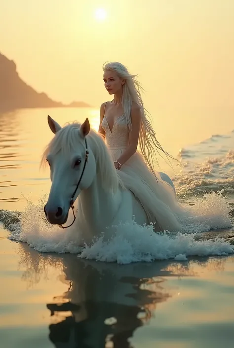 white haired beautiful woman riding a horse like sea creature on the surface of water on goldfen hour full quality, realistic, cenamatic