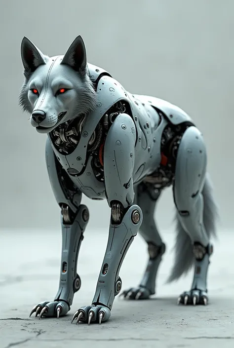 Make a gray colored robot wolf boy 