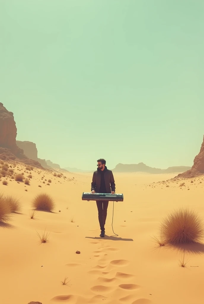 Pianist walking in the desert with his electric keyboard in his hands in lofi