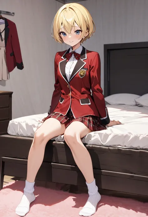 ((Top quality cute room.appearance.Blonde Short Hair.Cute face.Small breasts and skinny.Height 160cm.Weight 47 kg.Rich high school girl. Costume.red jacket blazer.My favorite white ribbed ankle socks.Sitting on bed.No shoes allowed in the rooms.