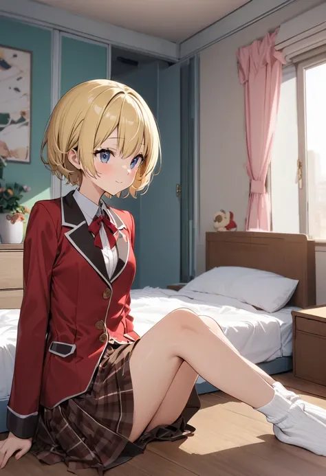 ((Top quality cute room.appearance.Blonde Short Hair.Cute face.Small breasts and skinny.Height 160cm.Weight 47 kg.Rich high school girl. Costume.red jacket blazer.My favorite white ribbed ankle socks.Sitting on bed.No shoes allowed in the rooms.