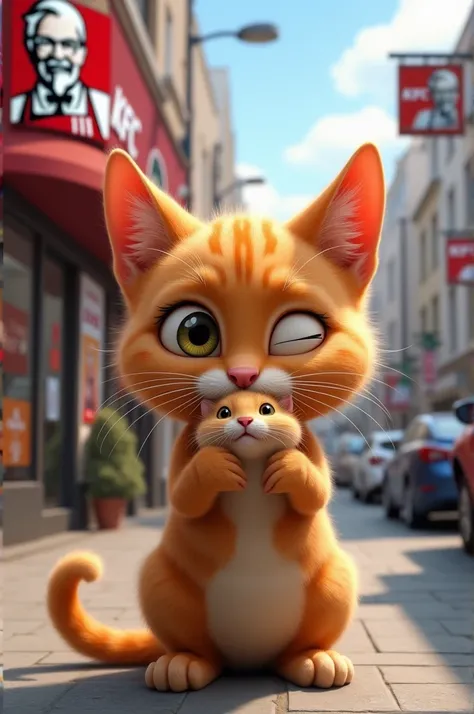 Creat a image in which Cat holding hemstar in mouth in front of KFC and cat is winking with one eye