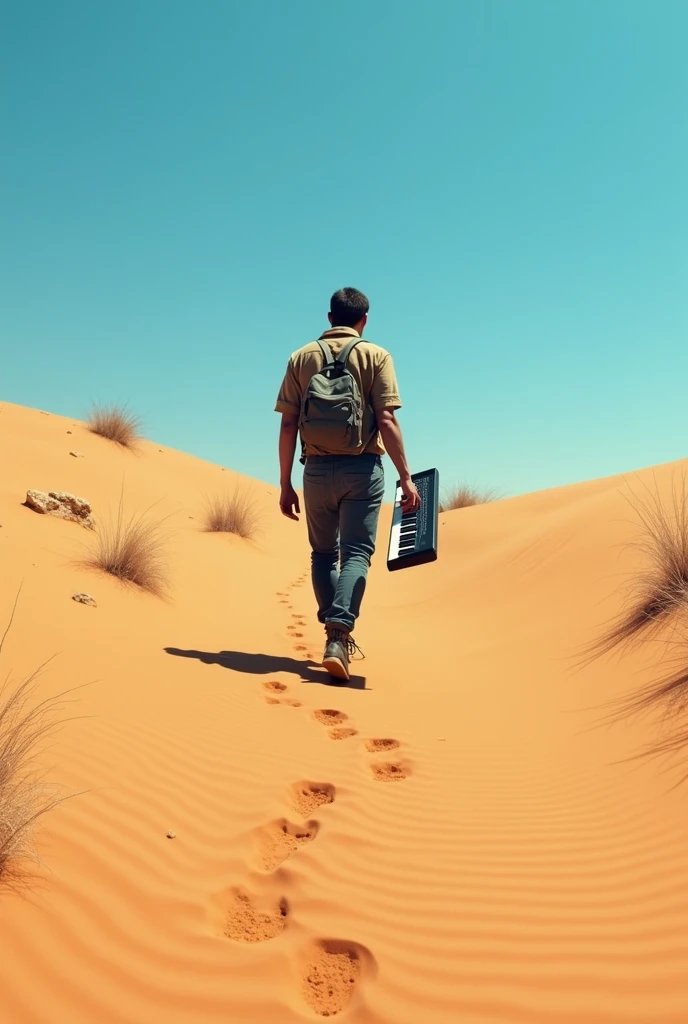 A pianist walking in the desert with his electric keyboard held in his hands