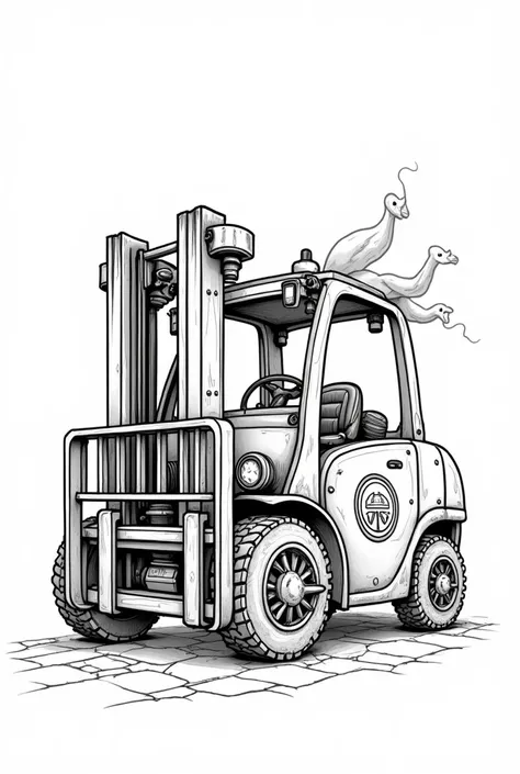 ((B&W lineart)), ((2D)), forklift, detailed front view, logo, vector, fantasy, magic, mysterious, unusual, black and white, wavy lines, realistic line art, coloring book, white background, no noise, crisp thick lines, (((outline art)), center image, isolat...