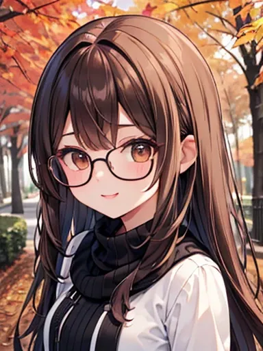 1 female、brown haired(Curta)、Brown eyes、Black-rimmed glasses、Best Quality、ultra-detailliert、8K resolution、Raw photo、masutepiece、Seductive、gorgeous faces、Perfect body、a smile、Autumn walk,大きい胸