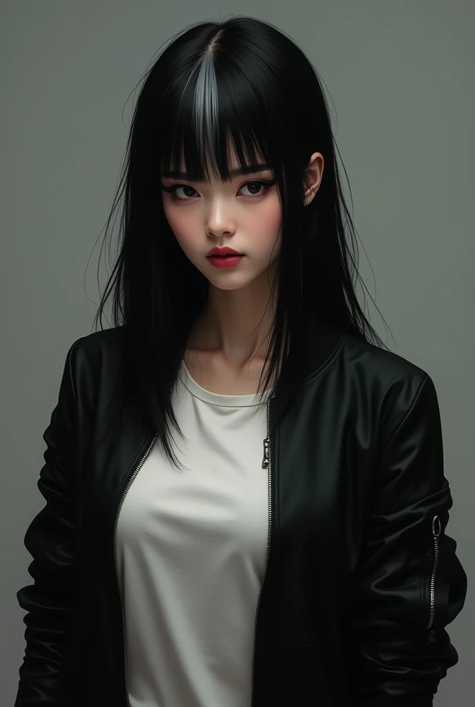  realistic woman with a firm face, beautiful, straight black hair, one strand of silver, short, shoulder length, neat, with bangs, sharp eyes with eyeliner, wearing a black bomber jacket and a white t-shirt, normal breast size , plump lips, mysterious tomb...