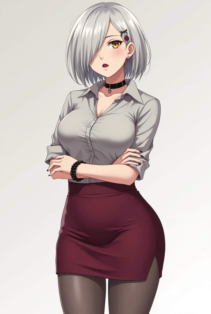 Anime woman, attractive, sensual, elegant, mature, confident, authoritive, curvy, feminine figure, large breasts, thick thighs, arms crossed over waist, silver hair, shoulder length bob cut, side swept bangs over right eye, yellow eyes, gentle caring facia...