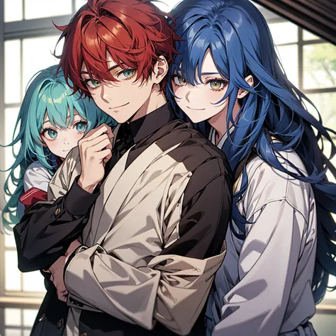 「Modern Japanese High School、Uniformed twin brother and sister。My brother has blue hair、Golden brown eyes and a quiet, intelligent look。My sister has red hair、Green eyes and a bright, lively expression。There is a height difference between the two、The older...