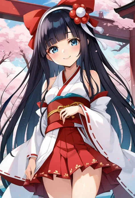 (8k, 4k, best quality, masterpiece),  Girl in Japanese shrine maiden outfit, (((super long black hair))),straight bangs, blunt bangs,(White headband), Blue eyes, super long black hair, hair ornament, ribbon, smile, small breasts, White kimono, Shoulder-exp...