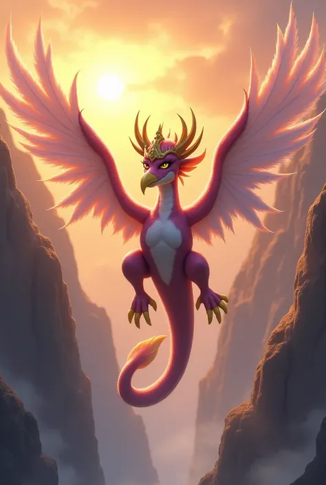 the sky between two mountains，sunrise time，The sun shines，There is a dark pink dragon-shaped adult female mythical beast with a long body，With phoenix white bird head，Very long yellow pointed beak，Big, round, watery black round eyes, face is white，Wearing ...