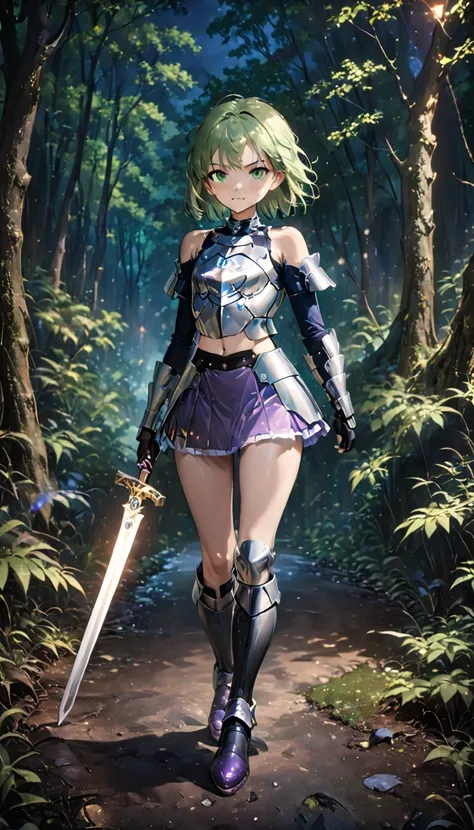 Young woman, purple crop top armor, off shoulders, very short mini skirt, metallic purple skirt, black armored metal boots, high heel boots, walking through a dense forest, full body visible, green eyes, short red hair, small breasts, holding a sword in ri...