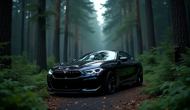 BMW M8 black with forest background in 4k quality for laptop wallpaper in dark mode