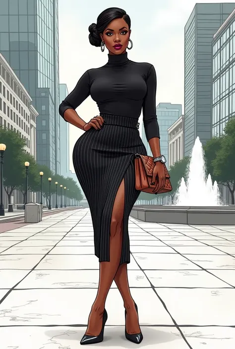 A curvaceous Black woman wearing a tight, pinstriped midi skirt and a tucked-in, fitted black turtleneck, paired with pointed-toe pumps and a quilted handbag. She’s accessorized with a delicate silver watch and simple stud earrings. Her hair is styled in a...