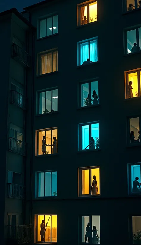 A nighttime, wide-angle shot of an apartment building facade, composed of multiple windows arranged in a grid-like pattern. Each window reveals a different room, capturing beautiful female model engaged in everyday activities—some standing, others sitting ...