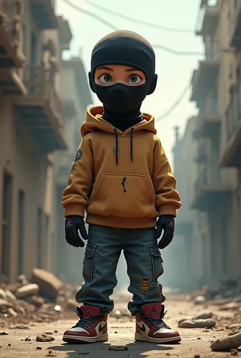 A boy wearing a balaclava that is still tearing between the eyes with baggy jeans and an outerside hoodie without strings and he is over the balaclava and a little bit away and Jordan shoes in the background an old ruined city and with gloves and he is ani...