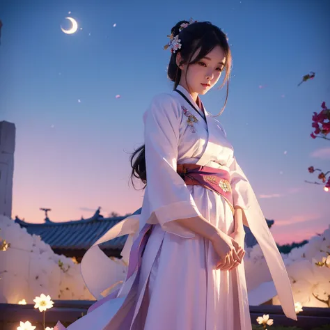 best quality, high_resolution, distinct_image, detailed background ,girl, hanbok,flower,garden,moon, night,