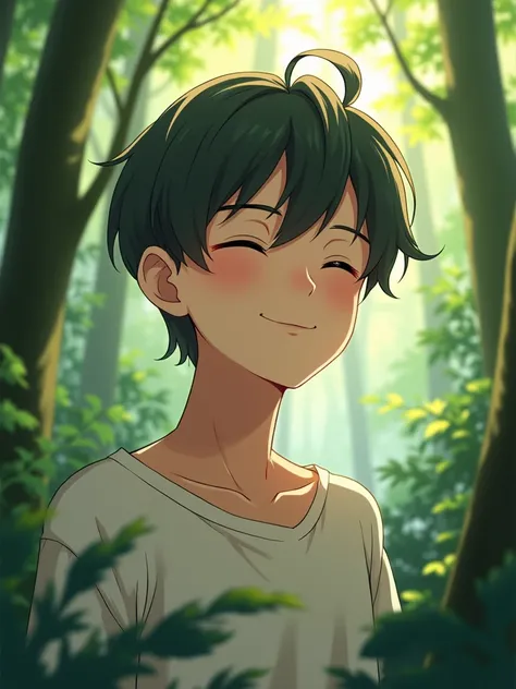 anime　male　In the forest　Close your eyes and smile　Natural body