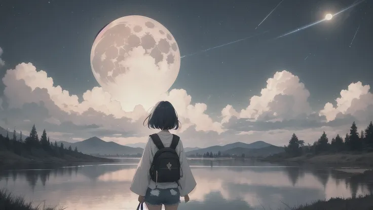 （japanese clothes）japanese girl, the moon reflects in the water，colorful clouds，natta，the woman looked at the back of the moon，t...