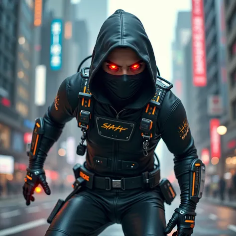 a ninja man,red eyes,technological,video maker