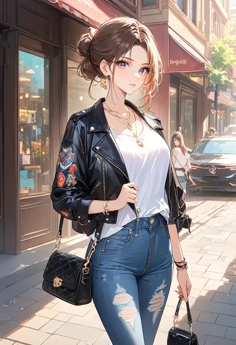 masterpiece:1.2, ), 1. Ms., Solitary, Upper body, Big , Chic and avant-garde leather jacket with white T-shirt and ripped jeans，Light makeup and messy bun，Confident and relaxed (Music festivals or trendy downtown neighborhoods) Statement sunglasses and lar...