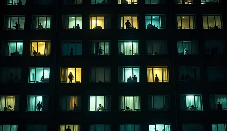 A nighttime, wide-angle shot of an apartment building facade, composed of multiple windows arranged in a grid-like pattern. Each window reveals a different room, capturing individuals engaged in everyday activities—some standing, others sitting or lying do...