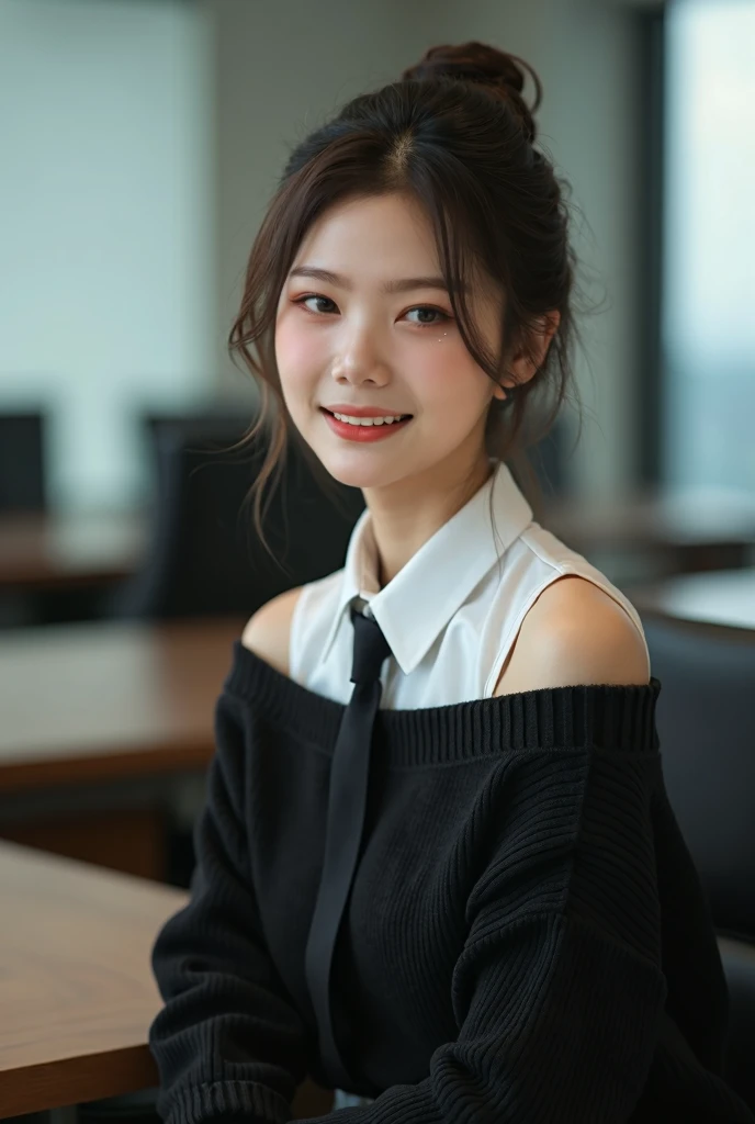 (japanese woman:1.5), 30 y.o, detailed face and eyes, (8k, RAW photo, best quality, masterpiece:1.2), (realistic, photo-realistic:1.37), ultra-detailed, ultra high res, high quality, high resolution, very detailed, office room, ((black off shoulder loose c...