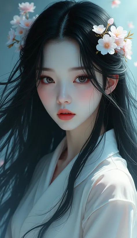 Woman with long black hair, The sharp gaze of the Yuki-onna, Pure white skin, 🌺 CGSociety, Gweiz-style artwork, [ trending on CGSociety ]!!, Fan Art The Best Art Station, CGSociety - w 1 0 2 4 - n 8 - i, Anime Girl Cosplay, Inspired by Chen Yifei