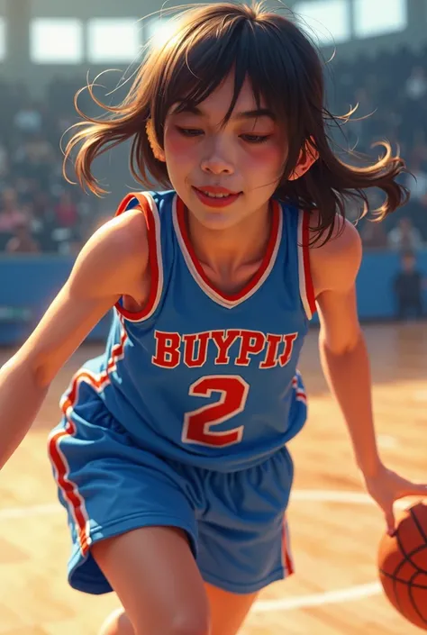 Brat girls character, wearing basketball blue jersey, hair under the shoulder, blushing nose and chick