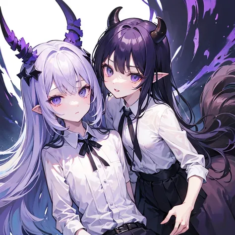 centaur devil、flat chest、suit、white shirt、purple skin、slightly pointed ears、devil&#39;s tail、red eyes、horn、petite、upper body cen...