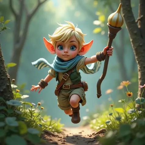 (best quality,4k,8k,highres,masterpiece:1.2),ultra-detailed, female gnome, short blond hair, blue eyes, light blue scarf with white stripes, khaki cargo shorts, green vest, wielding an orbstaff, leaping and dodging through the forest, RPGGnome, short woman...