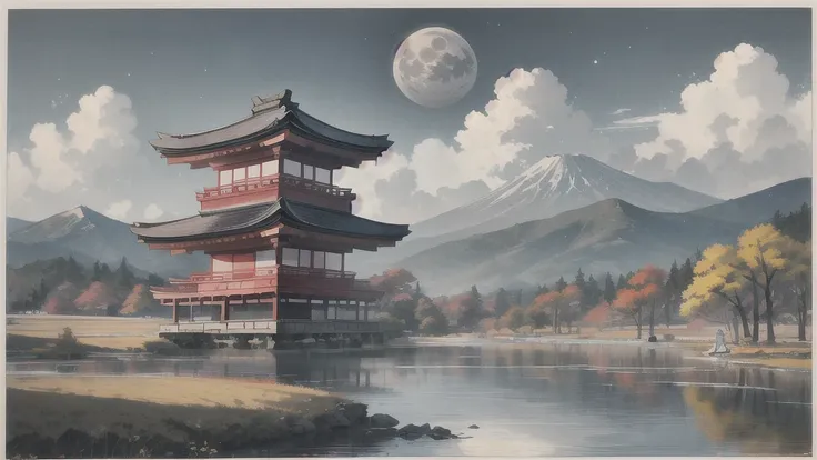 （Japanese clothes）japanese girl, the moon reflects in the water，Colorful clouds，natta，The woman looked at the back of the moon，The wind blows the clothes，The vast sky, beautiful skyline, large grasslands, extremely tense and dramatic pictures,Pretty Woman,...