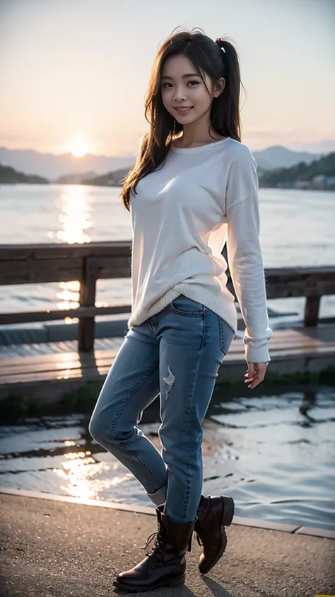 masterpiece, Ultra-high resolution, 4K, Best Quality, 1 person, ((whole body)), Beautiful and exquisite face, Beautiful, smooth skin, Skin Texture, 1, Baby Face, smile, Mountain,sea, Sunset,boots, Denim pants, Long sleeve shirt, Red mesh hair, Semi-long ha...