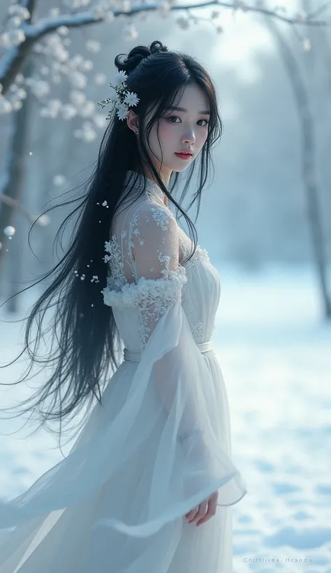 Woman with long black hair,So that your whole body can be seen,The background is a snowy landscape, The sharp gaze of the Yuki-onna, Pure white skin, 🌺 CGSociety, Gweiz-style artwork, [ trending on CGSociety ]!!, Fan Art The Best Art Station, CGSociety - w...