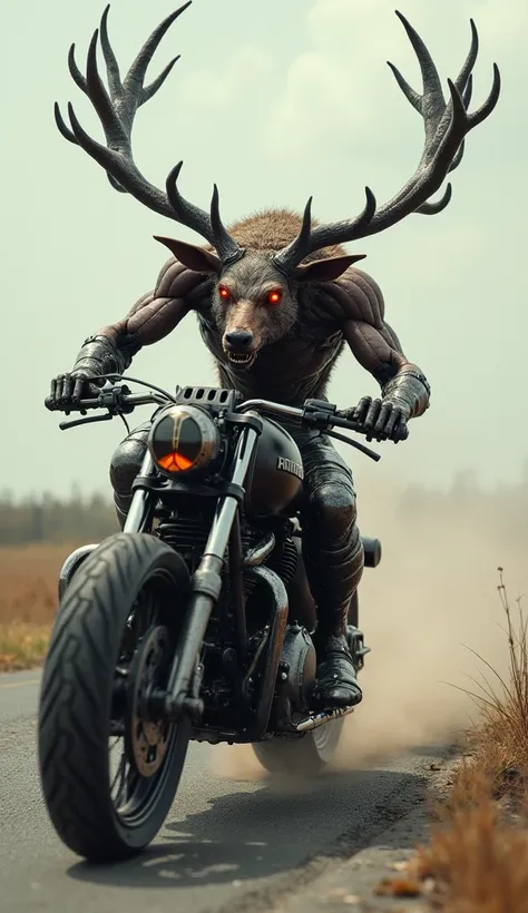 In a post-apocalyptic wasteland, a terrifying hybrid creature speeds through the desolate landscape — a fusion of a motorcycle and a feral deer. The body of the creature is a sleek, blackened frame resembling a powerful, mechanical bike, but instead of a r...