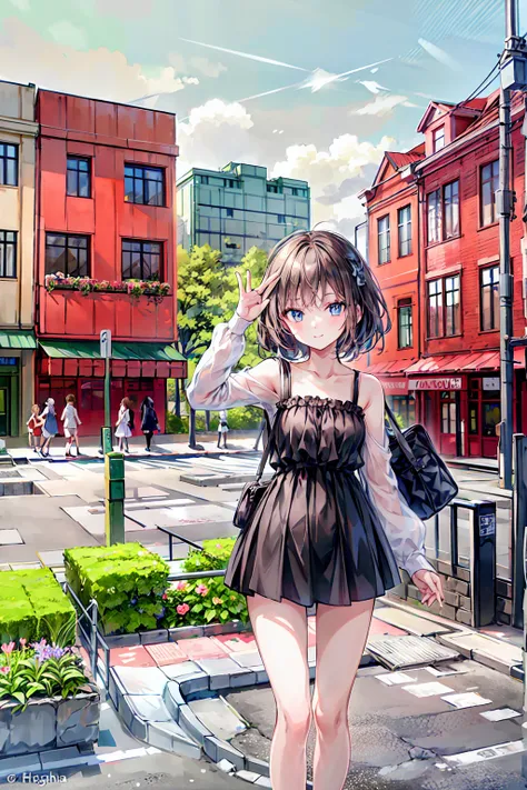 ((masterpiece)), (anime:1.5), ((Best Quality)), (RAW Photos:1.2), (High resolution:1.3), (Professional photography:1.2), (chromatic aberration),Girl on a trip, Black camisole，She is holding a large pink travel bag，whole body, stand,Brown Hair，Shortcuts，Mes...