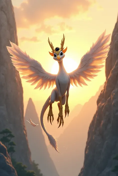 the sky between two mountains，sunrise time，The sun shines，There is a dark pink dragon-shaped adult female mythical beast with a slender body，There is a beautiful phoenix white bird head，Very long straight yellow pointed beak，Big, round, watery black round ...