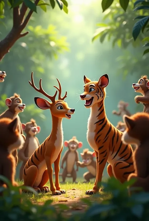 The deer is animatedly telling a funny story, with the tiger laughing heartily. The jungle animals are gathered around, some holding their bellies with laughter. The atmosphere is joyful, filled with laughter and camaraderie.