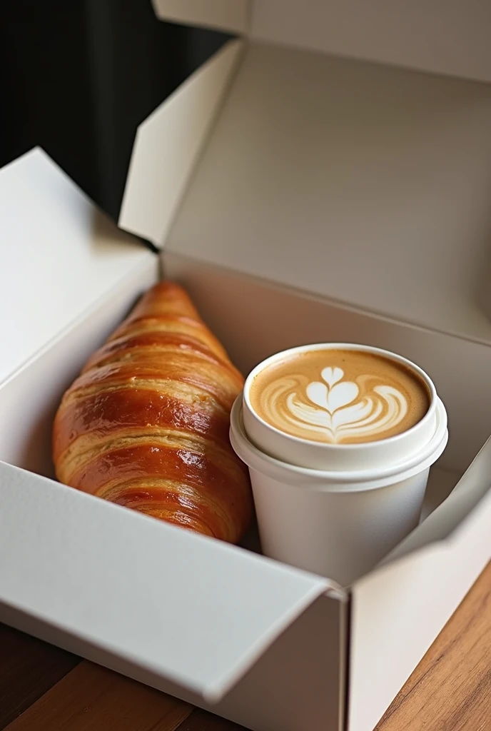 a coffee in a paper cup(like in the coffee shop) and a croissant, both are packed in a white box packaging with a holder, and theres a transparent area