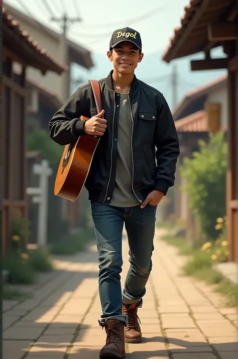 Indonesian man, clean face, wearing jeans, wearing a baseball cap that says Degol, wearing a black bomber jacket, wearing boots, walking on a village street while carrying a guitar.