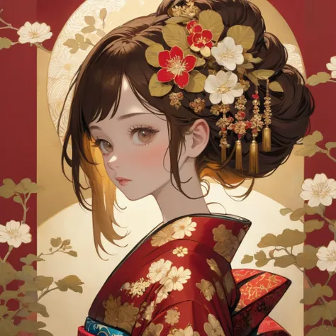 Gustav Klimt style, unreal world, high detail illustration, Illustrate a close-up of a young woman in an elaborate kimono with a traditional Japanese floral pattern. Her hair is adorned with decorative accessories, and the background is a deep red, showcas...