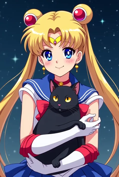 Anime SailorMoon with black cat Luna in her arms 