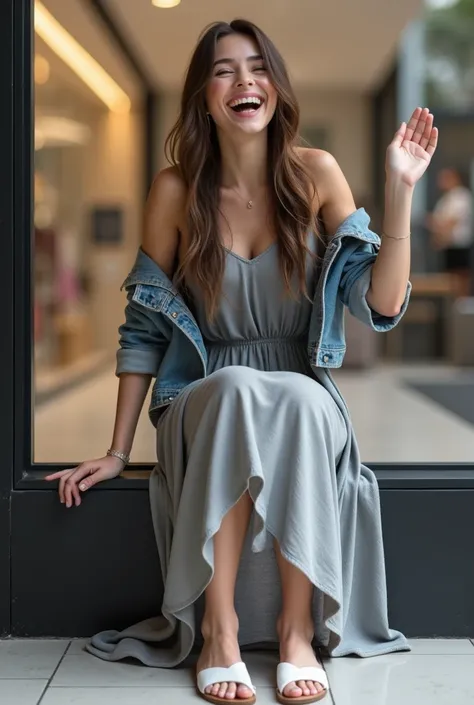 A Realistic high quality no dismemberment 3D AI model and HD face of a confident White Russian Woman 2 full body laughing inside a Mall in St.Petersburg Russia having long Brown hair with Blue eyes wearing a small grey denim jacket grey sleeveless maxi dre...